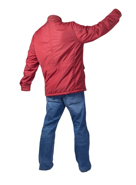 红色男式夹克和蓝色牛仔裤隔离在白色的背景上 休闲装 — 图库照片