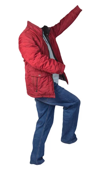 Червона Куртка Бірюзова Сорочка Сині Джинси Ізольовані Білому Тлі Повсякденний — стокове фото