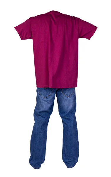 Men Burgundy Shirt Blue Jeans Isolated White Background Casual Clothing — Stock Photo, Image