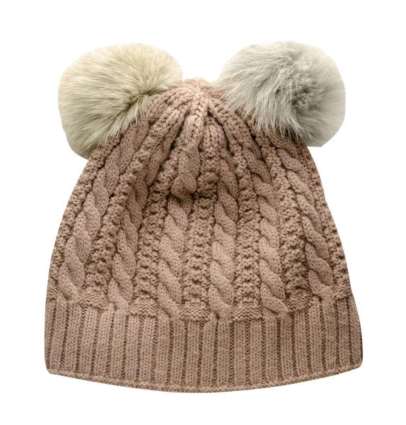 그라운드에 Knitted Beige Hat Pompon Top View — 스톡 사진