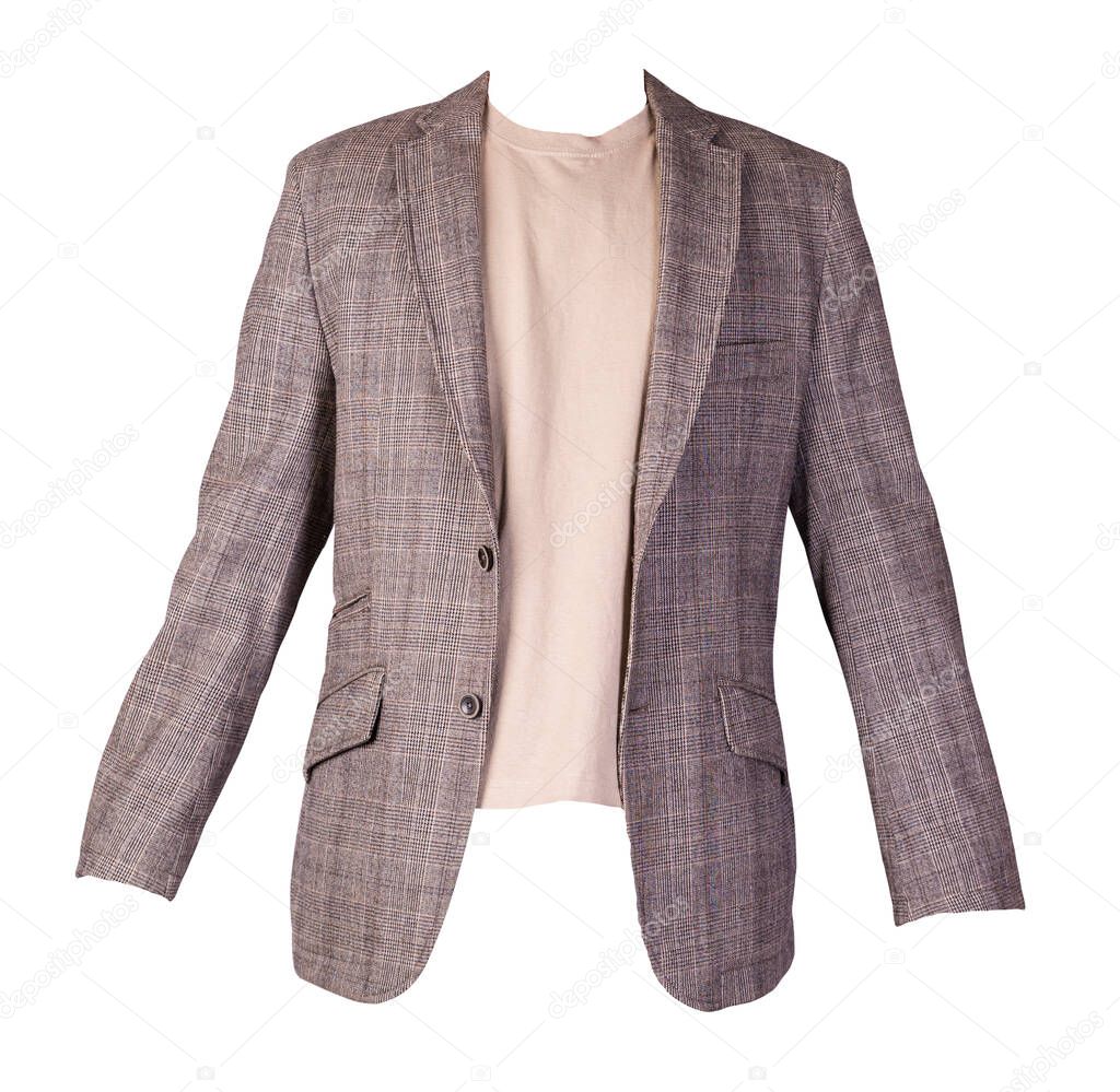 brown jacket with buttons and beige t-shirt isolated on a white background. Casual style