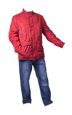 Kırmızı erkek ceketi ve mavi kot beyaz arka planda izole edilmiş. Günlük giysiler.