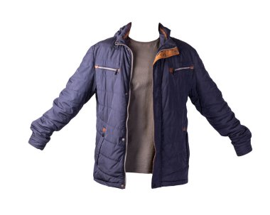 Koyu mavi fermuarlı ceket ve beyaz arka planda izole edilmiş gri tişört. Sıradan stil