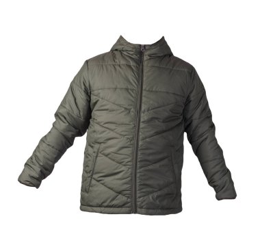 Beyaz arka planda izole edilmiş kapüşonlu koyu yeşil ceketli adamlar. Rüzgarlık ceketi. Sıradan stil