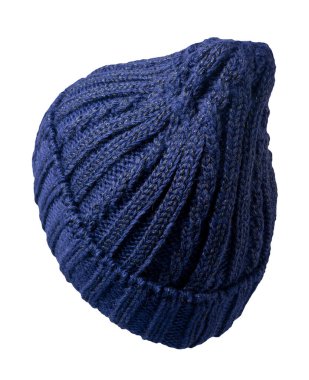 Kadınların koyu mavi şapkası. Örgü şapka beyaz arkaplanda izole.