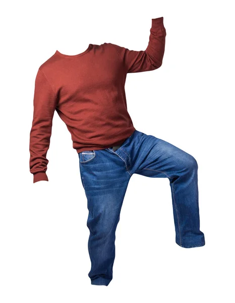 Men Dark Red Sweater Blue Jeans Isolated White Background Casual — Stock Photo, Image