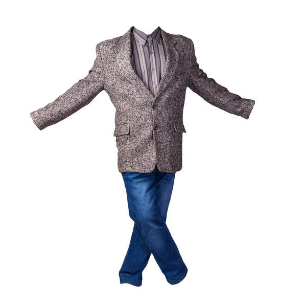 Veste Homme Boutonnée Grise Avec Chemise Rayures Grises Jean Bleu — Photo