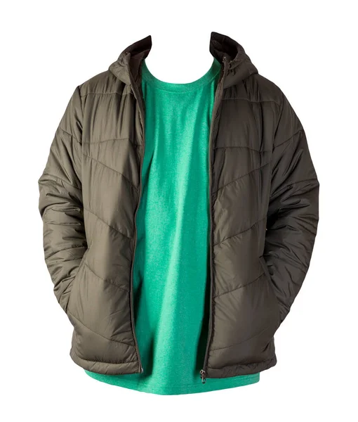 Mörkgrön Blixtlås Jacka Och Retro Ljung Grön Shirt Isolerad Vit — Stockfoto