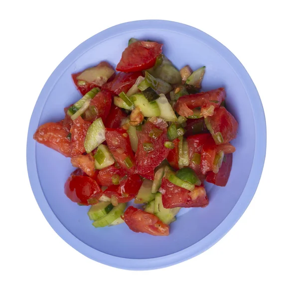 Ensalada Vegetariana Con Pepinos Tomates Cebollas Verdes Ensalada Vegana Plato — Foto de Stock