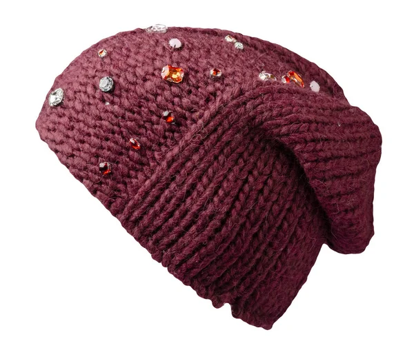 Women\'s burgundy hat . knitted hat isolated on white background.