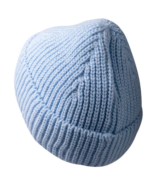 Kadın Mavi Şapkası Örgü Şapka Beyaz Arkaplanda Izole — Stok fotoğraf