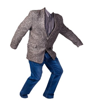 Gri çizgili gömlekli ve beyaz arka planda izole edilmiş mavi kotlu erkek ceketi. Sıradan stil