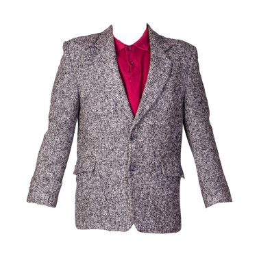 Düğmeli gri ceket, yakalı kırmızı tişört ve beyaz arka planda izole edilmiş düğmeler. Sıradan stil