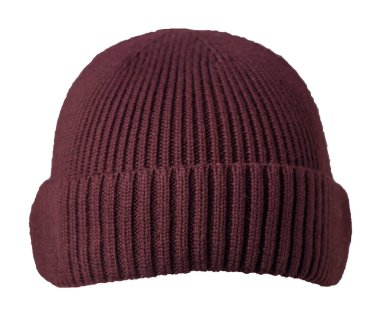 Liman işçisi beyaz arka planda koyu kırmızı şapka ördü. Modaya uygun rapçi şapkası. Balıkçı.