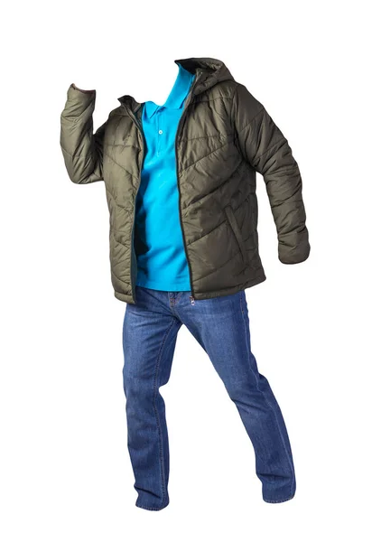 Grüne Jacke Mit Reißverschluss Blaues Hemd Und Blaue Jeans Auf — Stockfoto