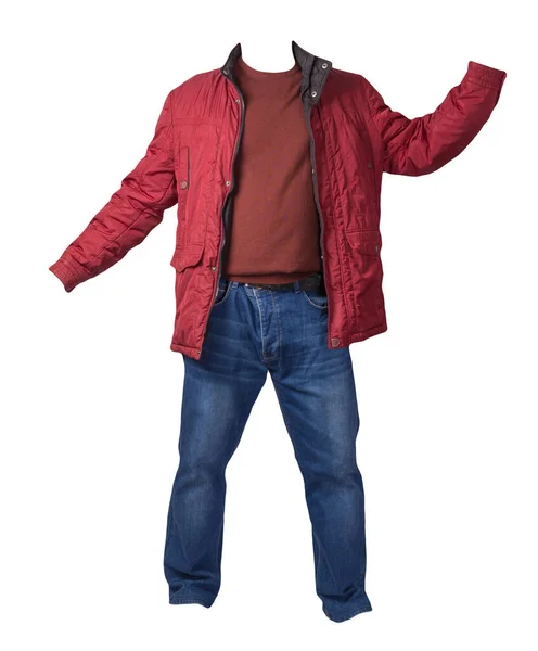 Giacca Rossa Con Cerniera Maglione Rosso Scuro Jeans Blu Isolati — Foto Stock