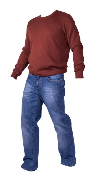 Dunkelroter Pullover Und Blaue Jeans Auf Weißem Hintergrund — Stockfoto