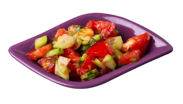 Vegetarische Salade Met Komkommers Tomaten Groene Uien Veganistische Salade Rood — Stockfoto