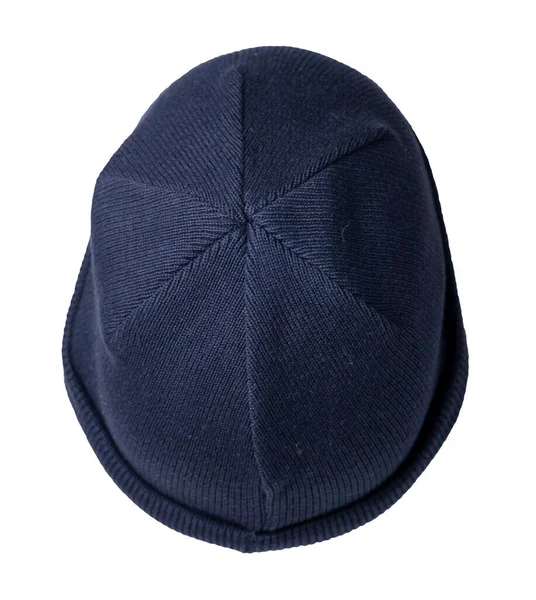 多克编织了一顶深蓝色的帽子 与白色背景隔离在一起 流行的说唱歌手帽 帽子渔夫 — 图库照片