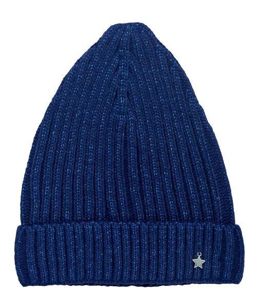 Kvinnors Mörkblå Hatt Mörkblå Stickad Hatt Isolerad Vit Bakgrund — Stockfoto
