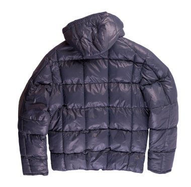 Beyaz arka planda izole edilmiş kapüşonlu koyu mavi ceketli adamlar. Rüzgarlık ceketli üst manzara. Sıradan stil