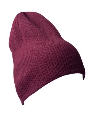 Örülmüş bordo şapka, beyaz bir arka planda izole edilmiş. Sıradan tarz için moda şapka aksesuarı.
