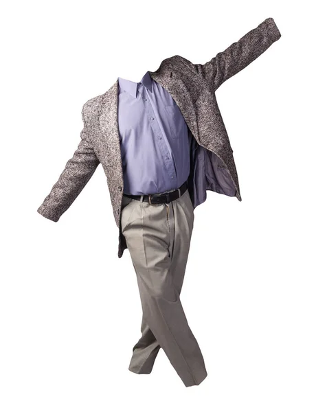 Male Gray Jacket Purple Shirt Light Gray Trousers Isolated White — Stock Photo, Image