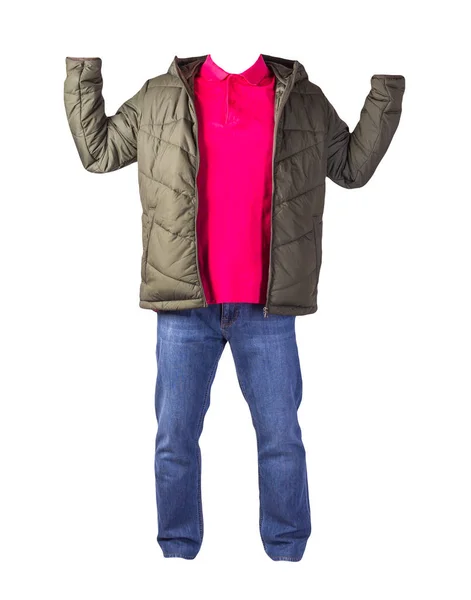 Grüne Jacke Mit Reißverschluss Rotes Hemd Und Blaue Jeans Auf — Stockfoto