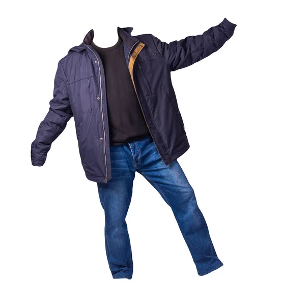 ジッパー付きダークブルーのジャケット ブラックのセーターとブルーのジーンズは白い背景に隔離されています カジュアルファッションの服 — ストック写真