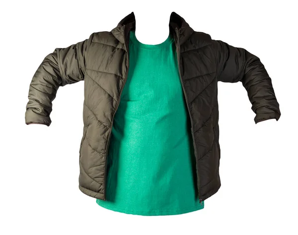 Mörkgrön Blixtlås Jacka Och Retro Ljung Grön Shirt Isolerad Vit — Stockfoto