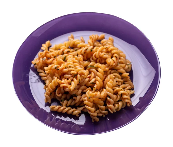 Pasta Auf Violettem Teller Isoliert Auf Weißem Hintergrund Nudeln Tomatensauce — Stockfoto