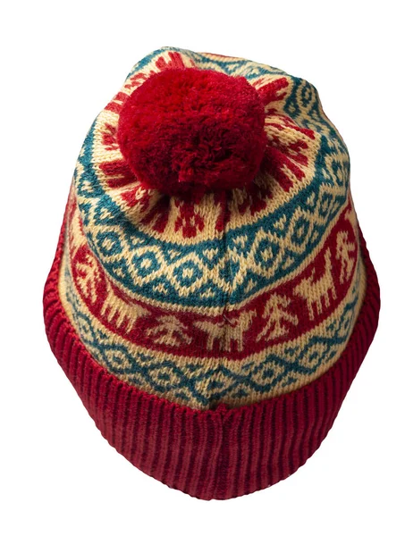 Cappello Rosso Giallo Blu Lavorato Maglia Isolato Sfondo Bianco Hat — Foto Stock