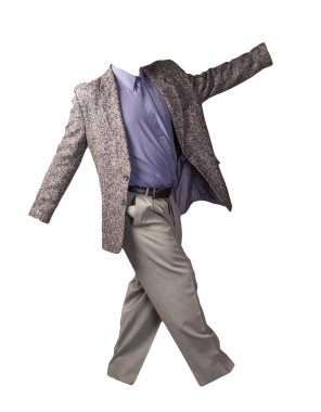 Erkek gri ceket, mor gömlek ve beyaz arka planda izole edilmiş açık gri pantolon. resmi takım