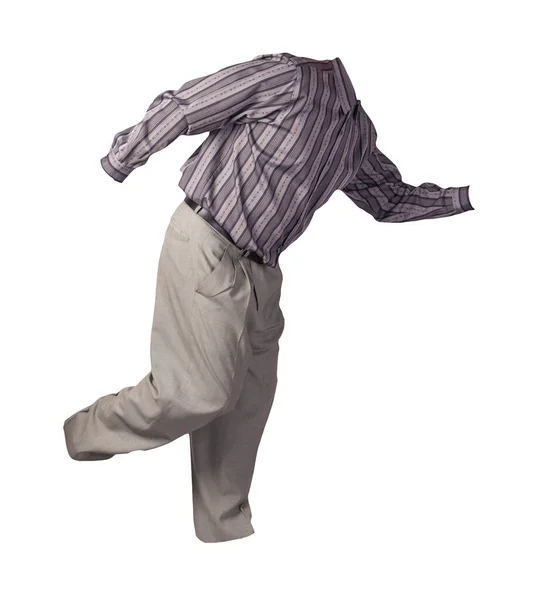 男子灰色条纹衬衫和浅灰色裤子隔离在白色背景 时尚服装 — 图库照片