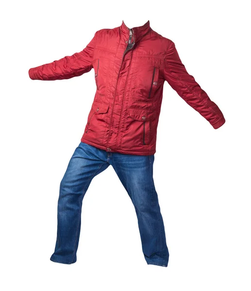 Röda Män Jacka Och Blå Jeans Isolerad Vit Bakgrund Casual — Stockfoto