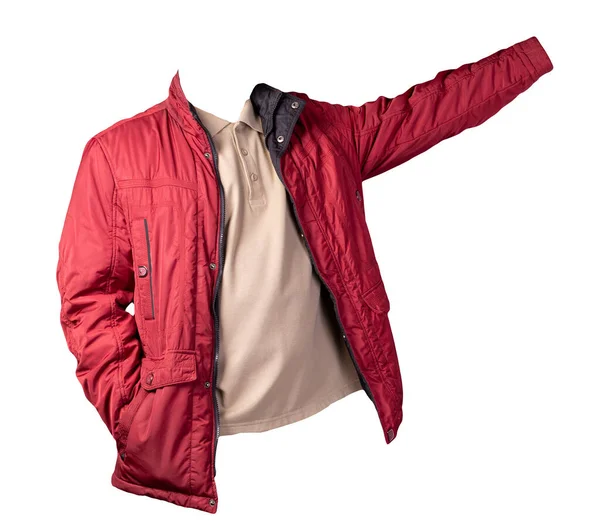 För Män Ljusbrun Shirt Och Röd Jacka Isolerad Vit Bakgrund — Stockfoto