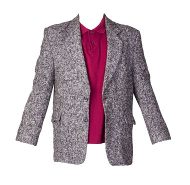 Düğmeli gri ceket, yakalı kırmızı tişört ve beyaz arka planda izole edilmiş düğmeler. Sıradan stil