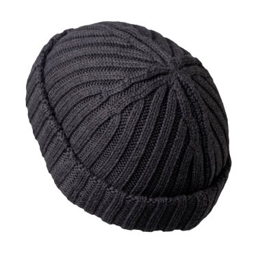 Liman işçisi beyaz arka planda koyu gri şapka ördü. Modaya uygun rapçi şapkası. Balıkçı.