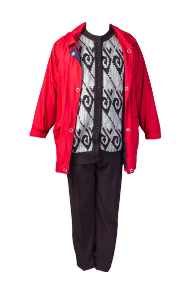 Calças Pretas Femininas Casaco Vermelho Outono Blusa Malha Turquesa Bkack — Fotografia de Stock