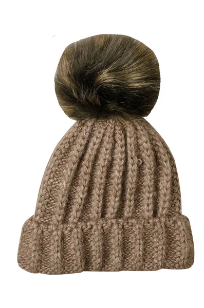 Cappello Maglia Beuge Isolato Sfondo Bianco Hat Con Pompon Marrone — Foto Stock