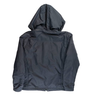 Beyaz arka planda izole edilmiş kapüşonlu koyu mavi ceketli adamlar. Rüzgarlık ceketli üst manzara. Sıradan stil