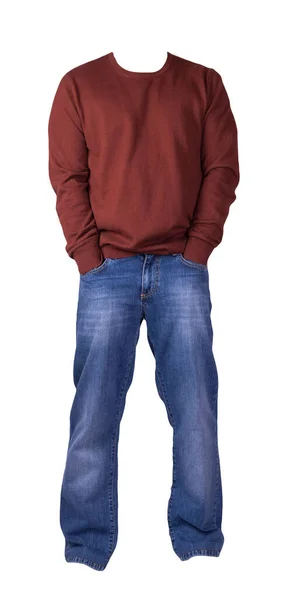 Donkerrode Herentrui Blauwe Jeans Geïsoleerd Witte Achtergrond Casual Kleding — Stockfoto
