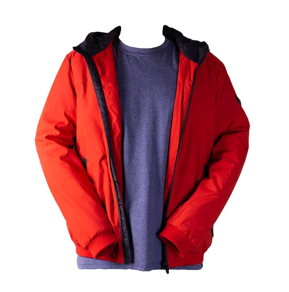 红色的拉链夹克和复古的深蓝色海军T恤 与白色背景隔离 随意的风格 — 图库照片