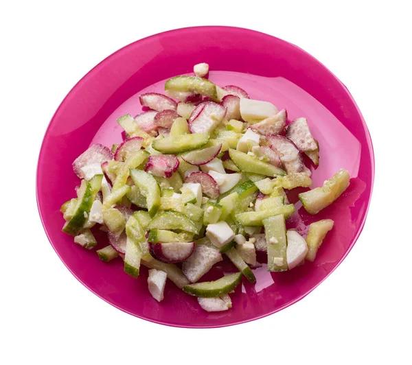 Salada Com Pepinos Ovos Placa Rosa Isolado Fundo Branco Alimentos — Fotografia de Stock