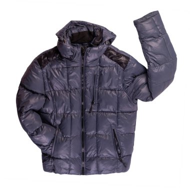 Beyaz arka planda izole edilmiş kapüşonlu koyu mavi ceketli adamlar. Rüzgarlık ceketli üst manzara. Sıradan stil