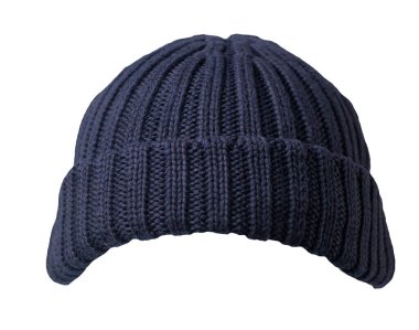 Liman işçisi beyaz arka planda koyu gri şapka ördü. Modaya uygun rapçi şapkası. Balıkçı.