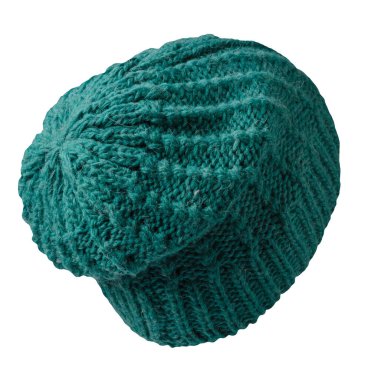 Kadın yeşil şapkası. Örgü şapka beyaz arkaplanda izole.