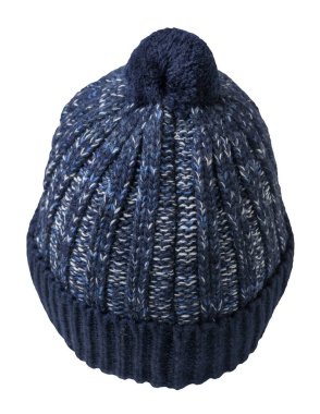 Örülmüş koyu mavi gri şapka beyaz arka planda izole edilmiş. .