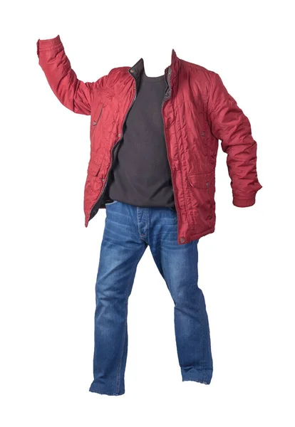 Röd Jacka Mörkblå Tröja Och Blå Jeans Isolerad Vit Bakgrund — Stockfoto