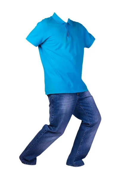 Shirt Azul Dos Homens Com Golas Botão Para Baixo Jeans — Fotografia de Stock